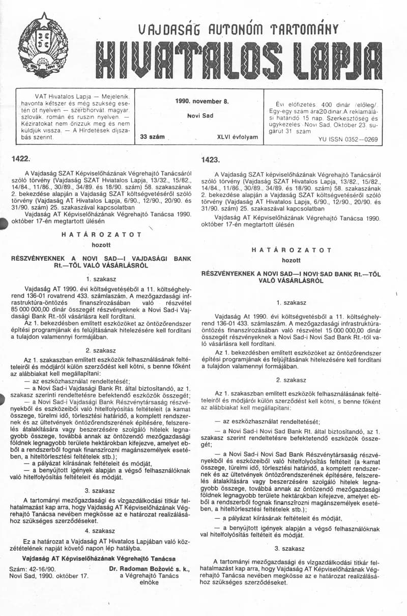 Vajdaság Szocialista Autonóm Tartomány Hivatalos Lapja, 46. évf. 1990. november 8. 33. sz.