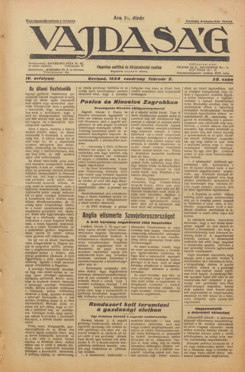 Vajdaság, 4. évf. 1924. február 3. 28. sz.