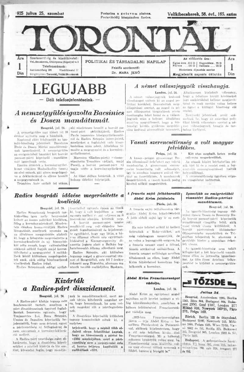 Torontál, 54. évf. 1925. július 25. 165. sz.