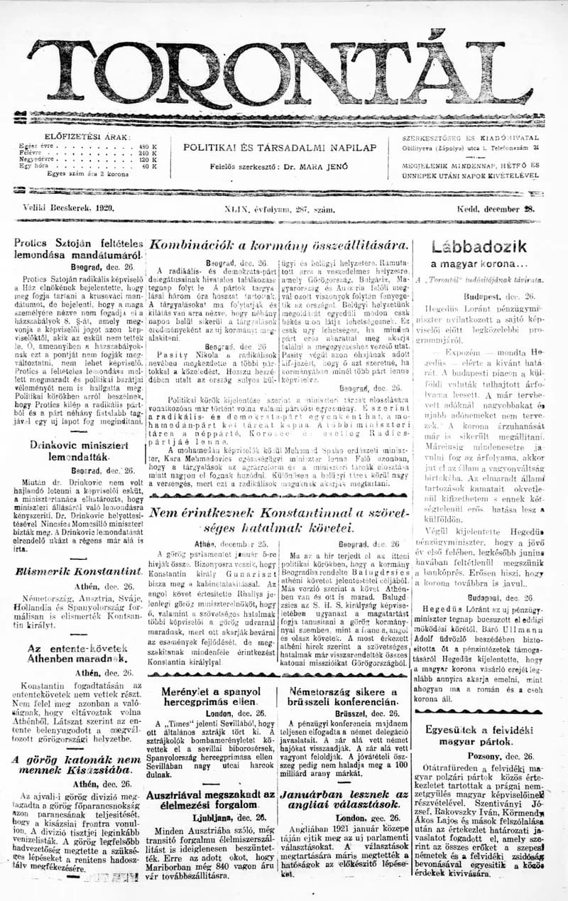 Torontál, 49. évf. 1920. december 27. 287. sz.