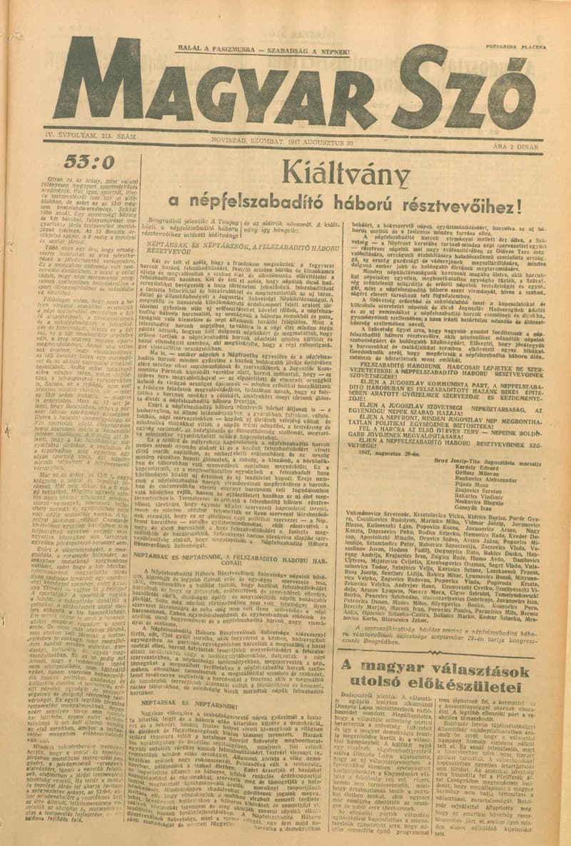 Magyar Szó, 4. évf. 1947. augusztus 30. 213. sz. 1–6. oldal