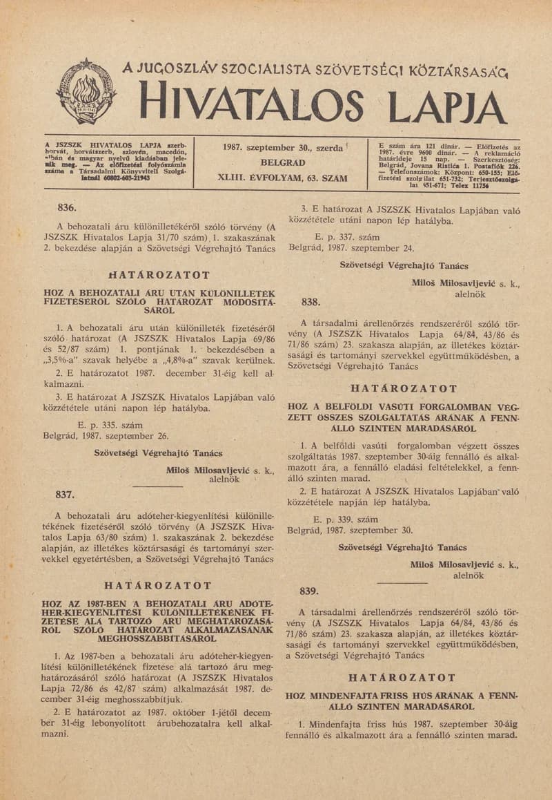 A Jugoszláv Szocialista Szövetségi Köztársaság Hivatalos Lapja, 43. évf. 1987. szeptember 30. 63. sz. 1497–1500. oldal
