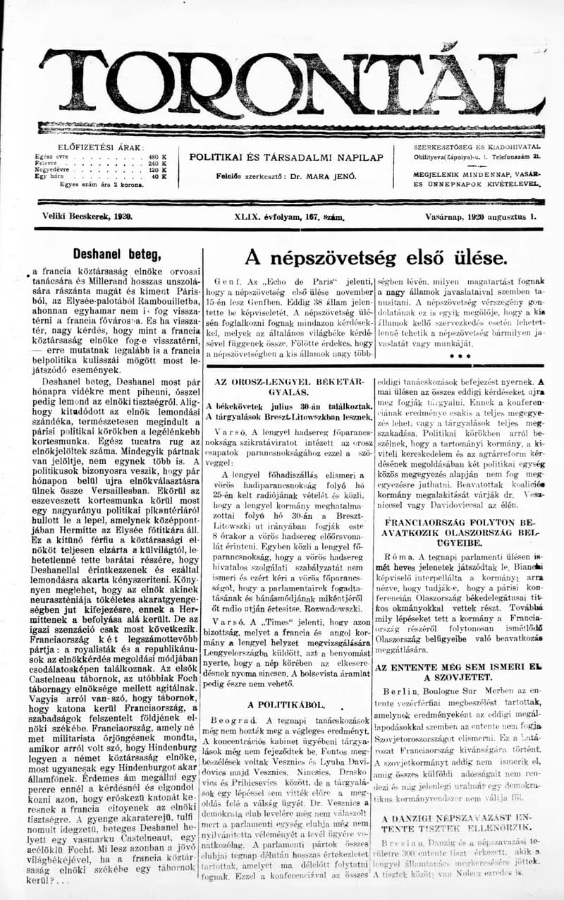 Torontál, 49. évf. 1920. augusztus 1. 167. sz.