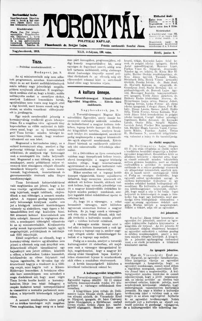 Torontál, 42. évf. 1913. június 9. 130. sz.