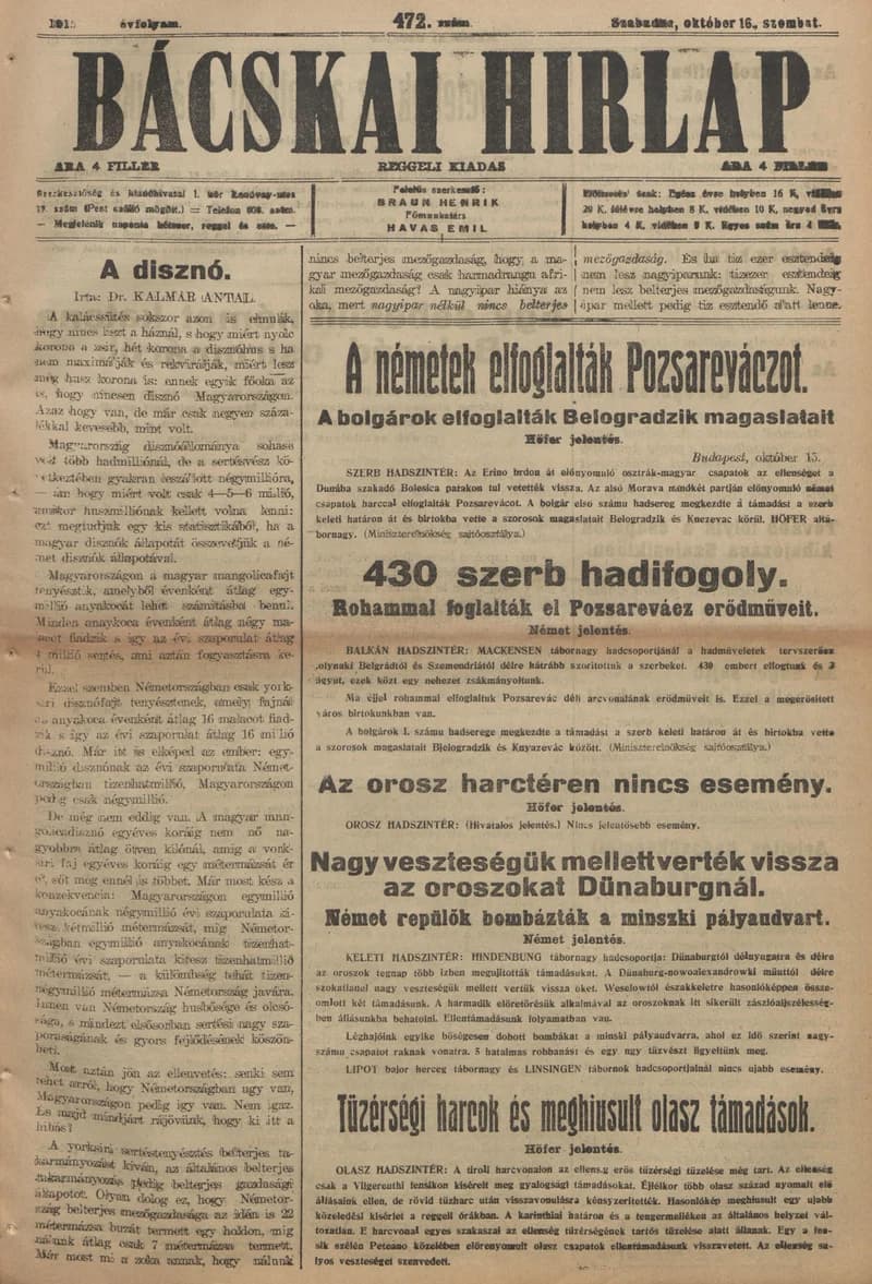 Bácskai Hirlap, 19. évf. 1915. október 16. 472. sz.