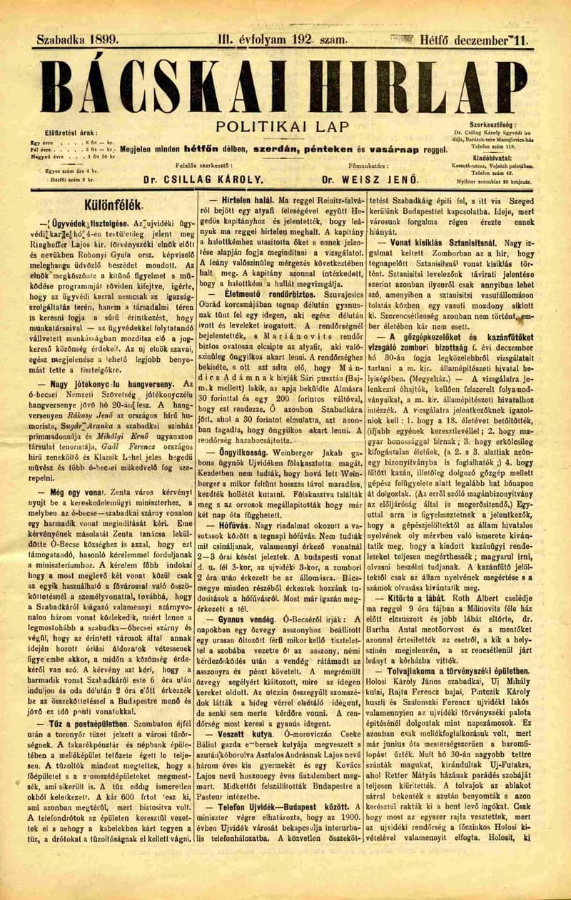 Bácskai Hirlap, 3. évf. 1899. december 11. 192. sz.