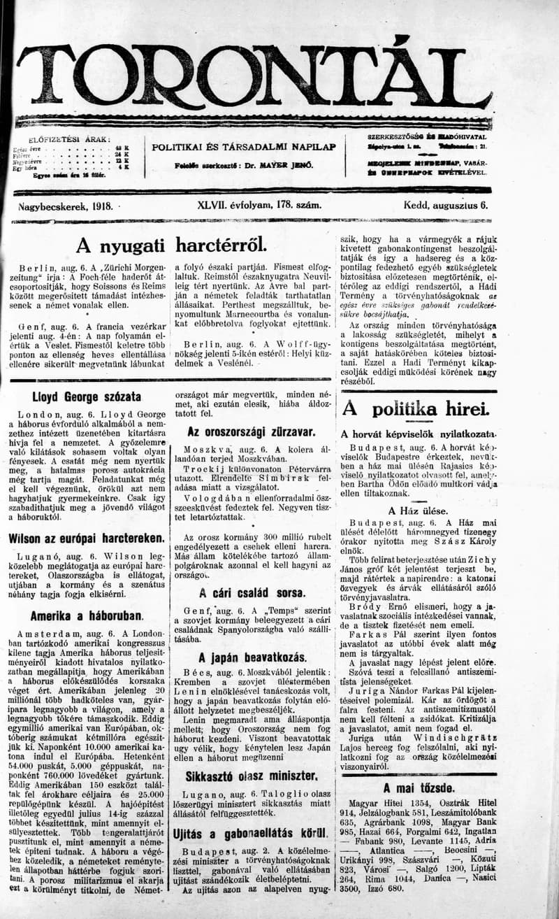 Torontál, 47. évf. 1918. augusztus 6. 178. sz.