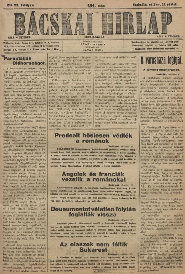 Bácskai Hirlap, 20. évf. 1916. október 27. 494. sz.