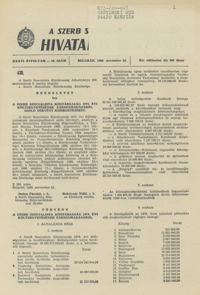 A Szerb Szocialista Köztársaság Hivatalos Közlönye, 36. évf. 1980. november 22. 50. sz.
