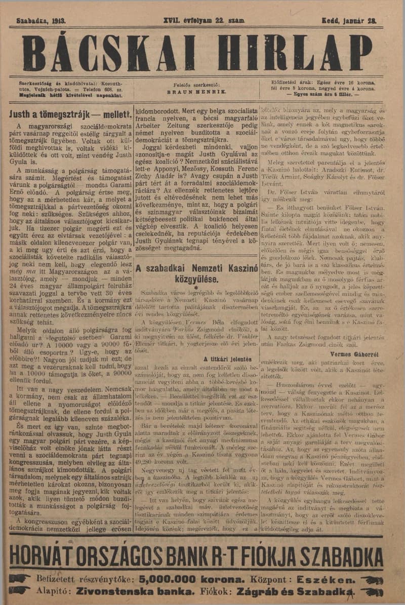 Bácskai Hirlap, 17. évf. 1913. január 28. 22. sz.