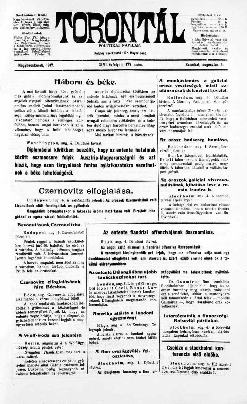 Torontál, 46. évf. 1917. augusztus 4. 177. sz.