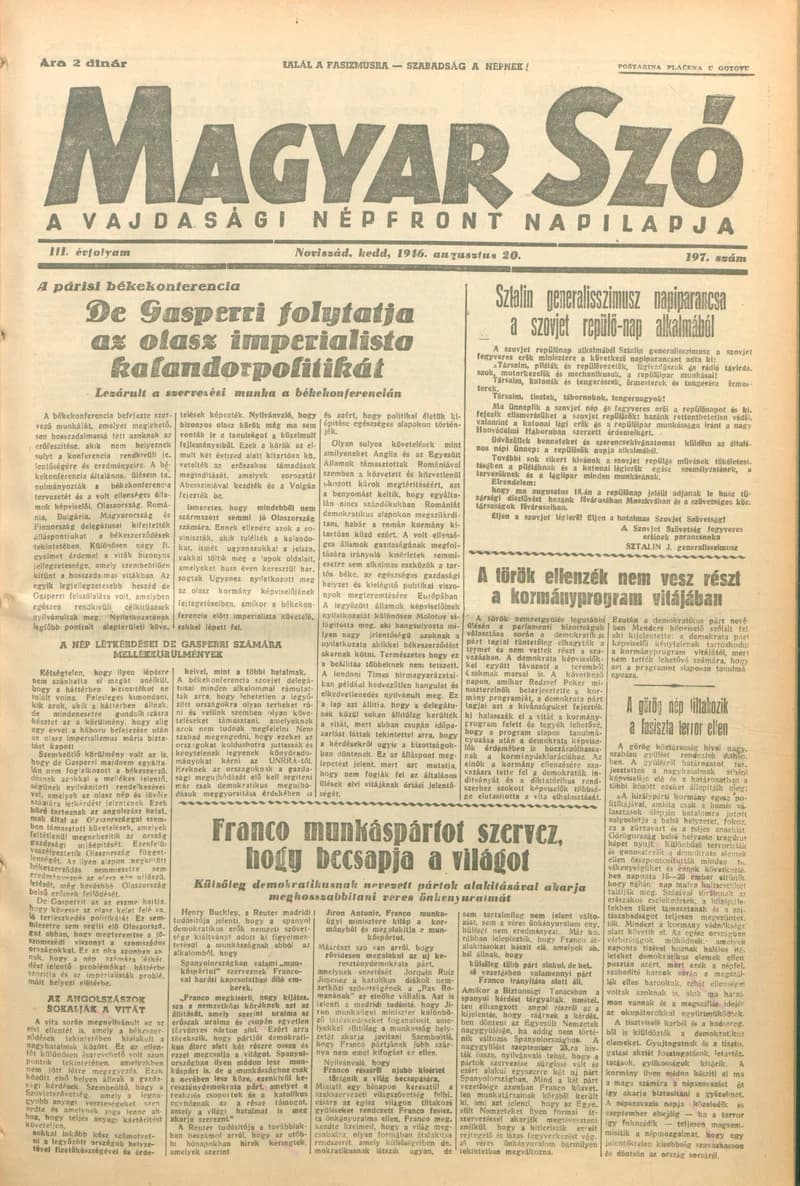 Magyar Szó, 3. évf. 1946. augusztus 20. 197. sz. 1–8. oldal