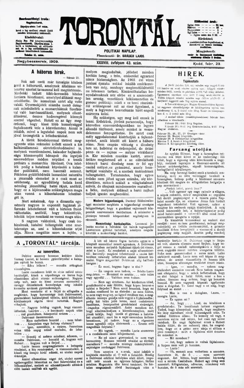 Torontál, 38. évf. 1909. február 23. 43. sz.