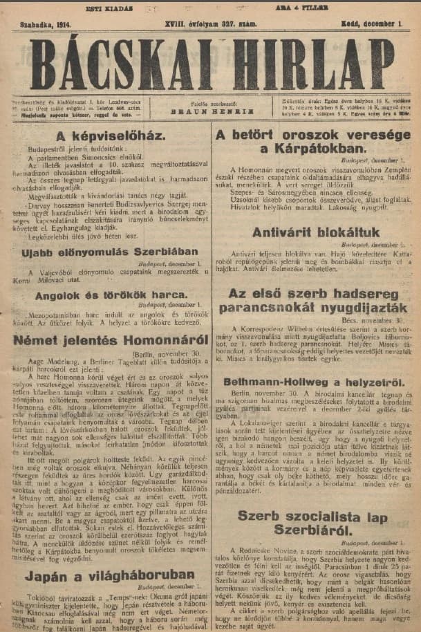 Bácskai Hirlap, 18. évf. 1914. december 1. 327. sz.