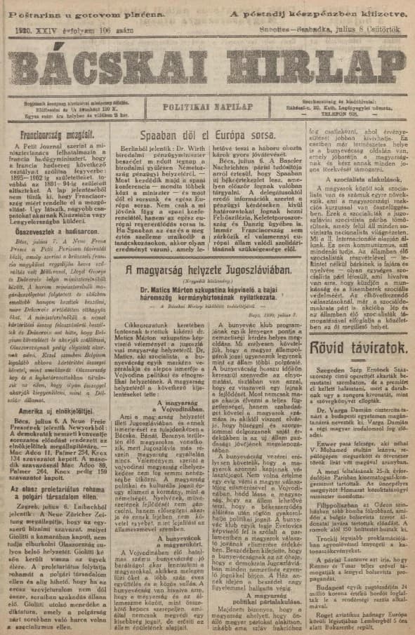 Bácskai Hirlap, 24. évf. 1920. július 8. 106. sz.