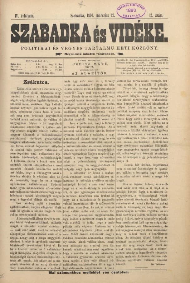 Szabadka és vidéke II, 4. évf. 1896. március 22. 12. sz.