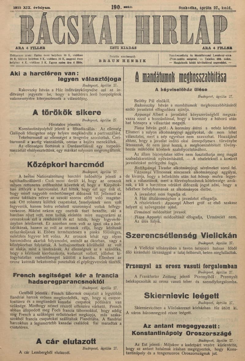 Bácskai Hirlap, 19. évf. 1915. április 27. 190. sz.