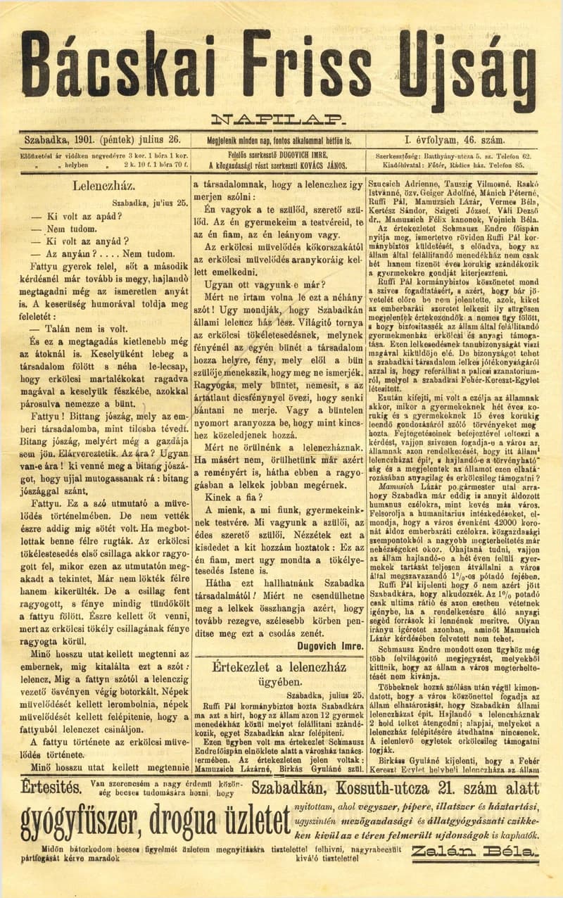 Bácskai Friss Ujság, 1. évf. 1901. július 26. 46. sz.