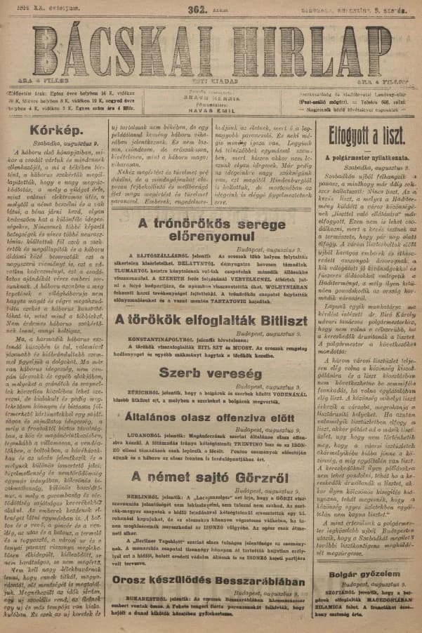 Bácskai Hirlap, 20. évf. 1916. augusztus 9. 362. sz.