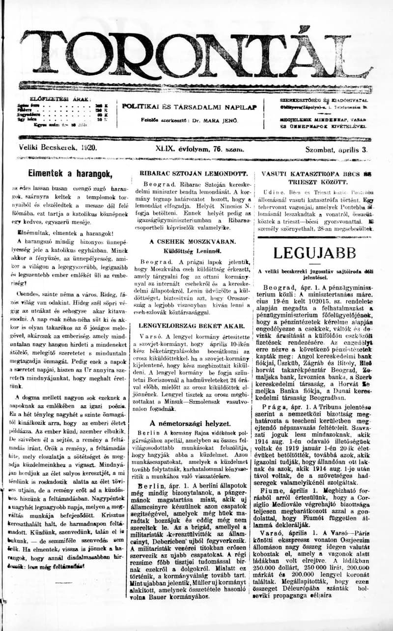 Torontál, 49. évf. 1920. április 3. 76. sz.