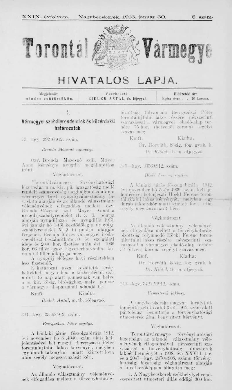 Torontál Vármegye Hivatalos Lapja, 29. évf. 1913. január 30. 6. sz.