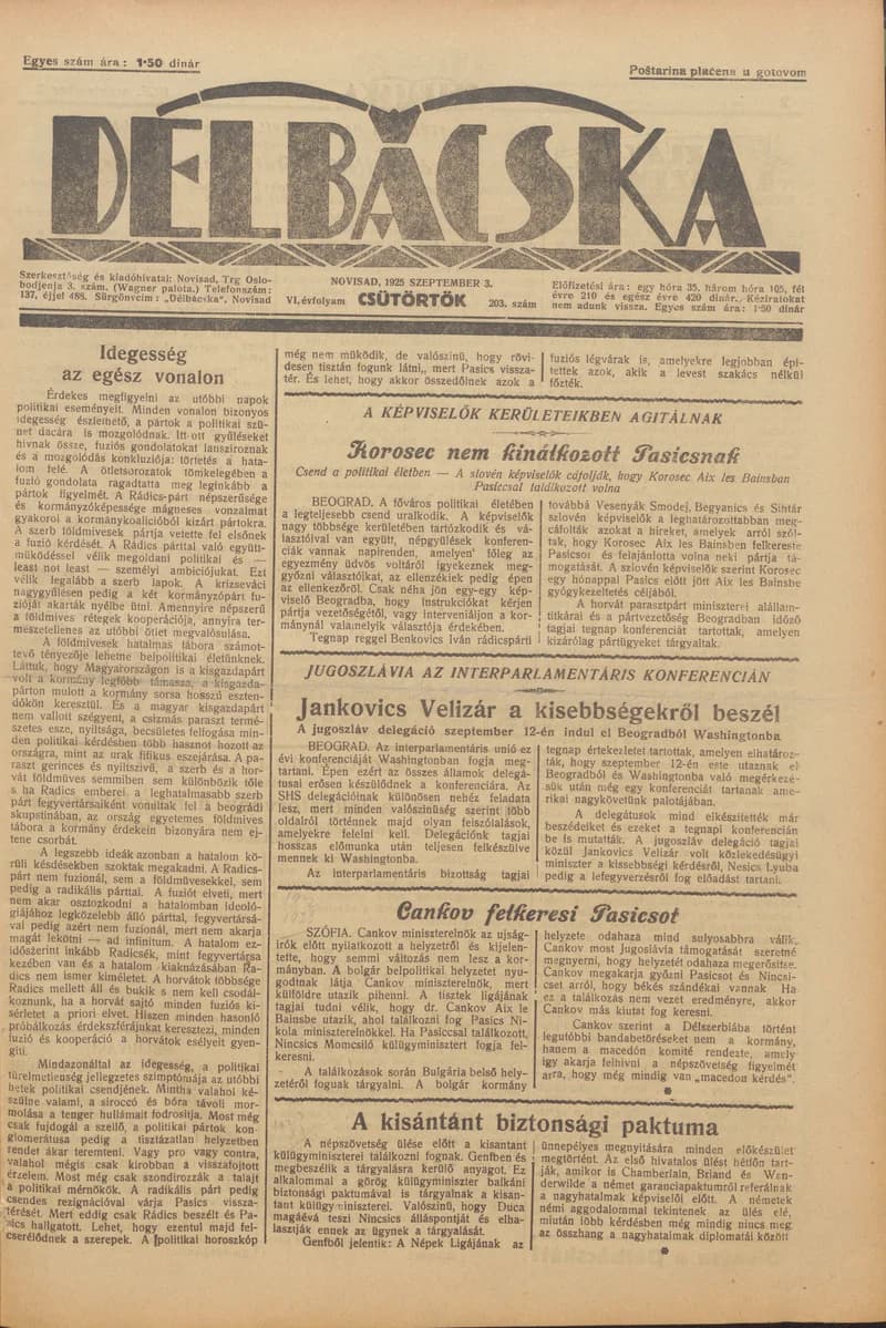 Délbácska, 6. évf. 1925. szeptember 3. 203. sz.