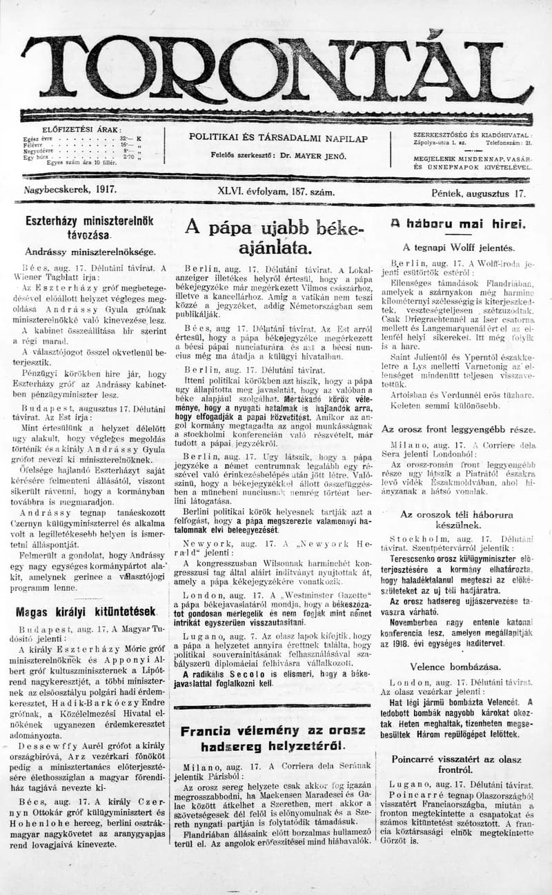 Torontál, 46. évf. 1917. augusztus 17. 187. sz.