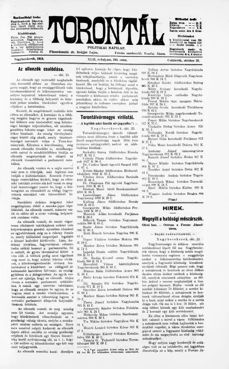 Torontál, 42. évf. 1913. október 23. 244. sz.