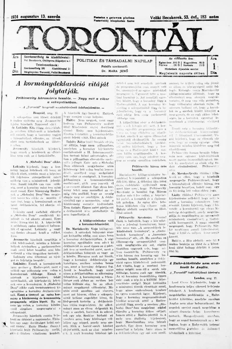 Torontál, 53. évf. 1924. augusztus 13. 183. sz.