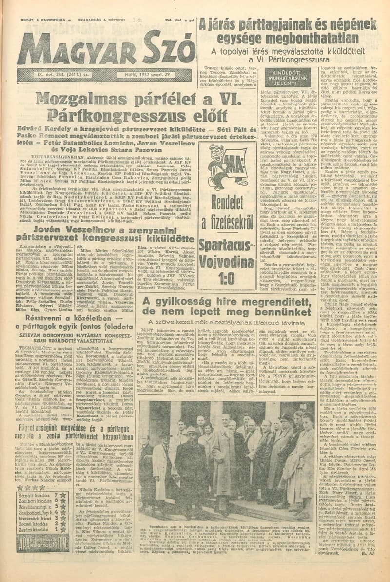 Magyar Szó, 9. évf. 1952. szeptember 29. 233. sz. 1–6. oldal