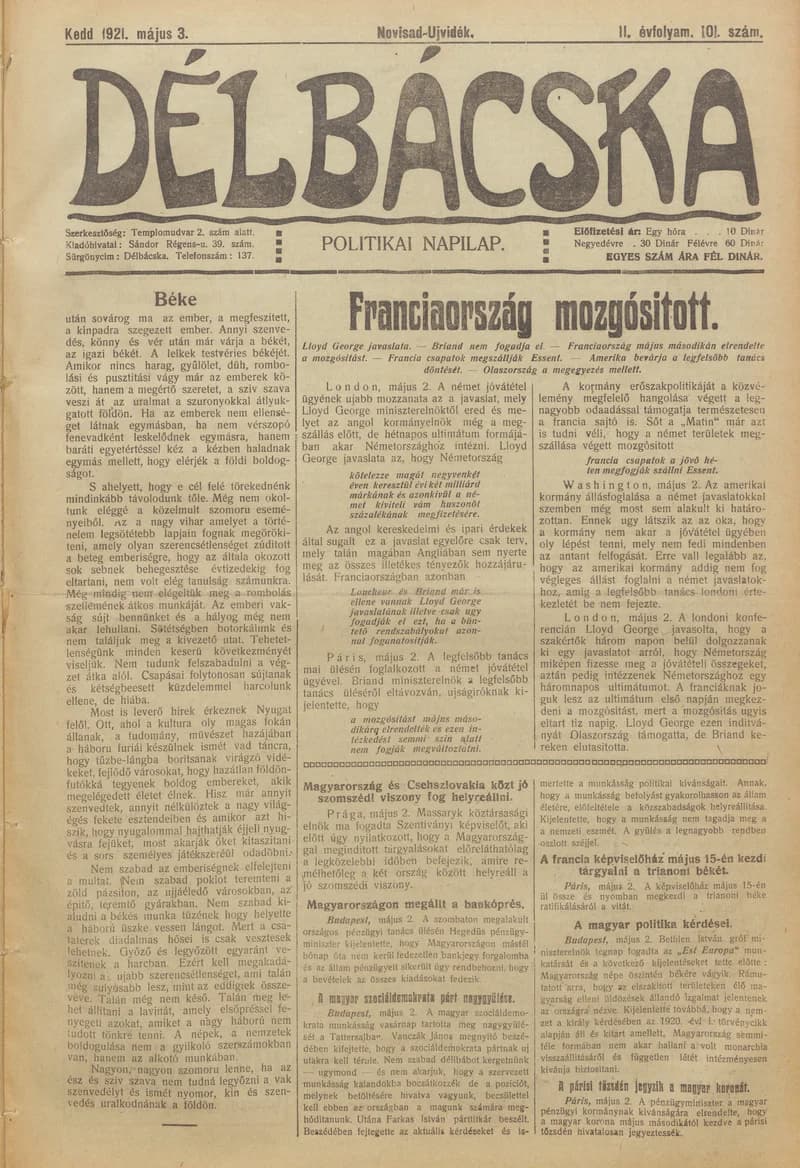 Délbácska, 2. évf. 1921. május 3. 101. sz.