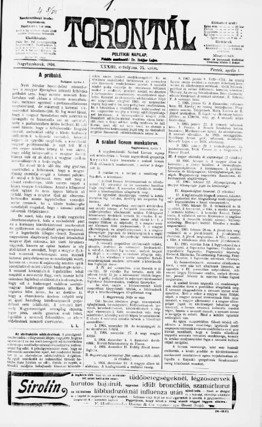 Torontál, 33. évf. 1904. április 1. 75. sz.