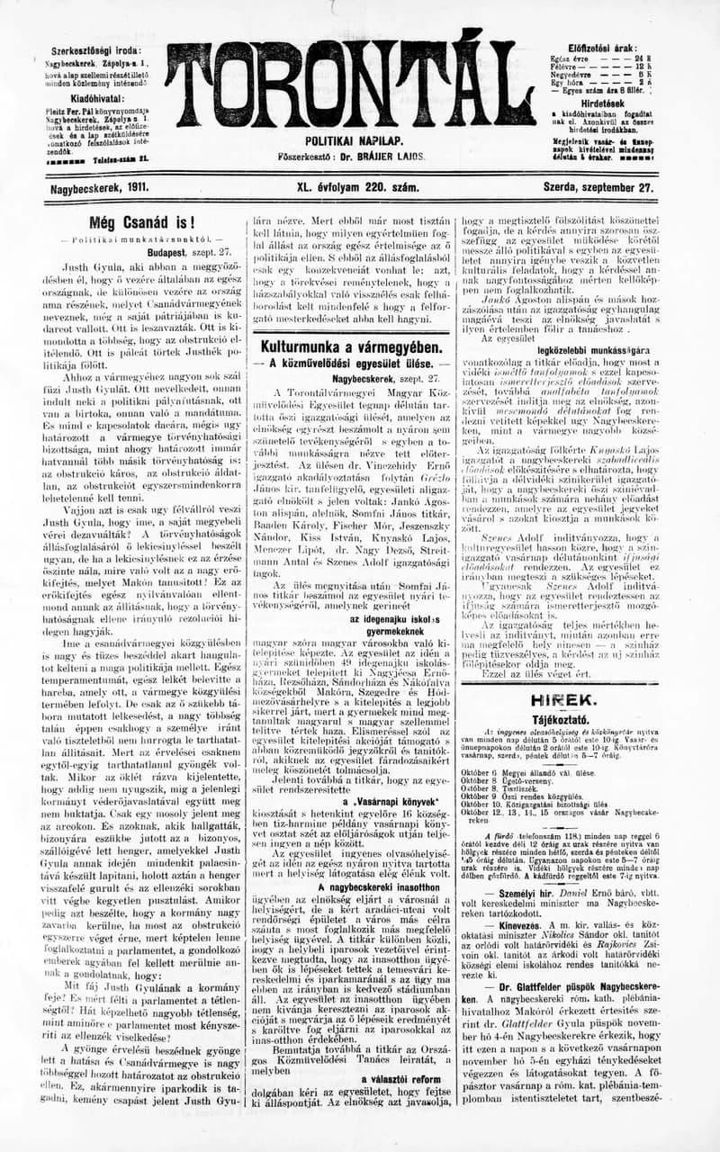Torontál, 40. évf. 1911. szeptember 27. 220. sz.