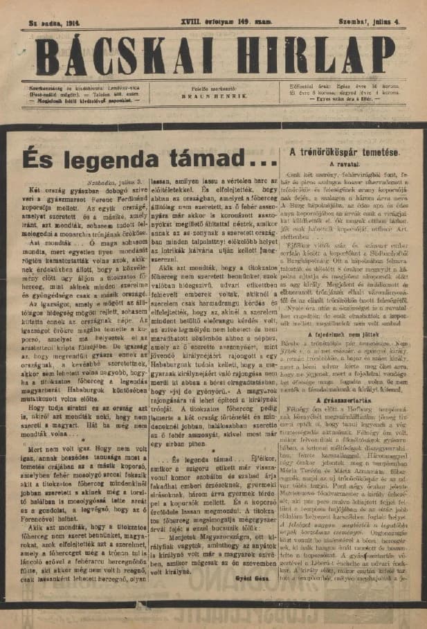 Bácskai Hirlap, 18. évf. 1914. július 4. 149. sz.