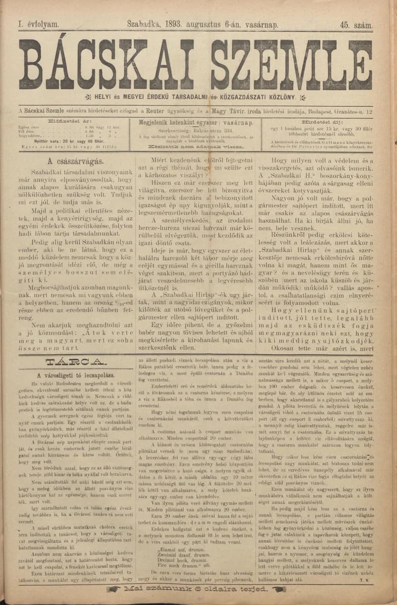 Bácskai Szemle, 1. évf. 1893. augusztus 6. 45. sz.