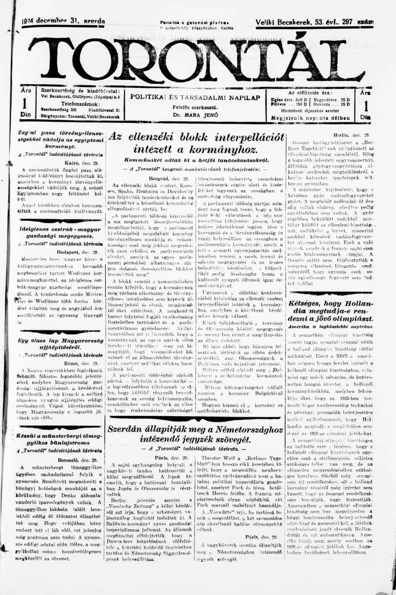 Torontál, 53. évf. 1924. december 31. 297. sz.