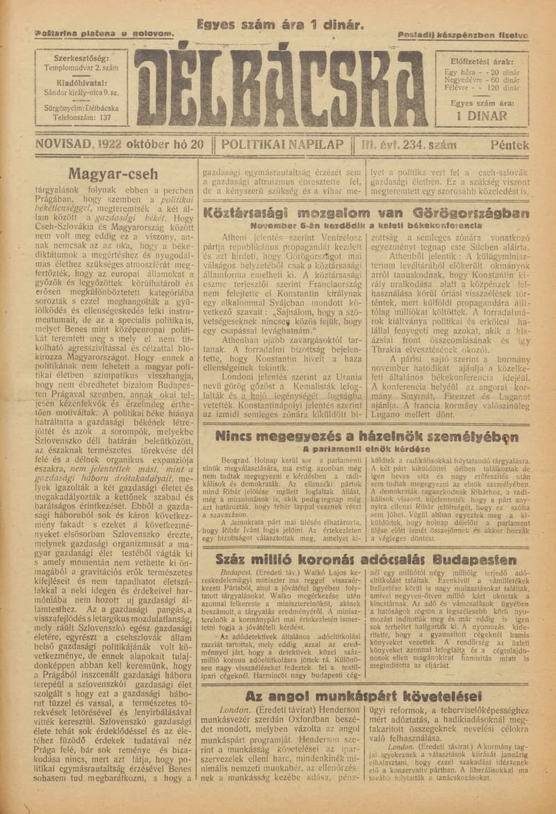 Délbácska, 3. évf. 1922. október 20. 234. sz.