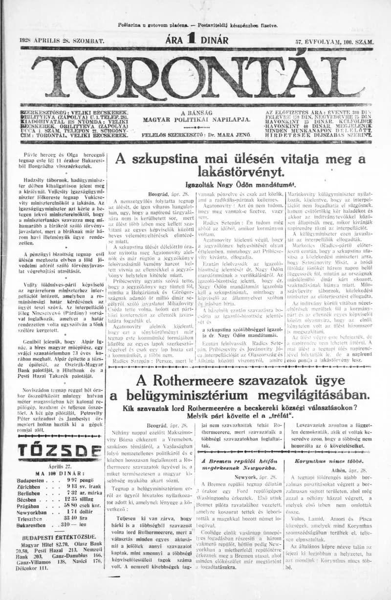 Torontál, 57. évf. 1928. április 28. 100. sz.