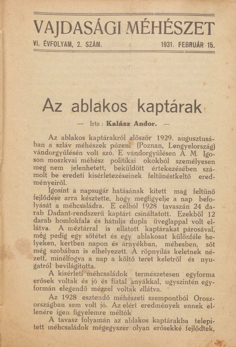 Vajdasági méhészet, 6. évf. 1931. február 15. 2. sz.