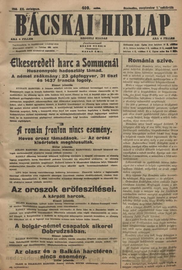 Bácskai Hirlap, 20. évf. 1916. szeptember 7. 409. sz.
