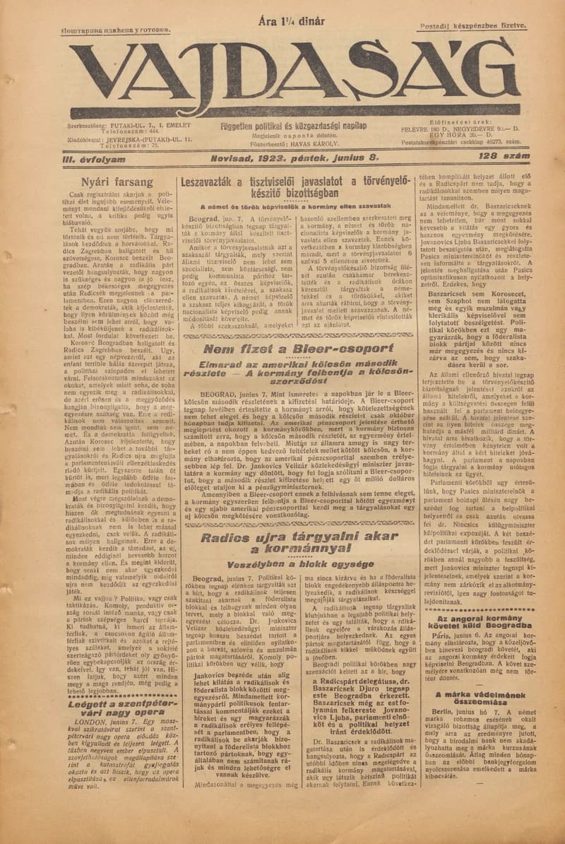 Vajdaság, 3. évf. 1923. június 8. 128. sz.