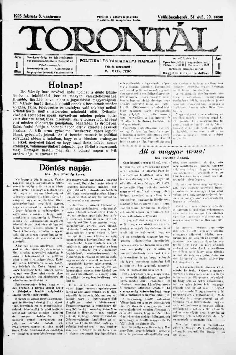 Torontál, 54. évf. 1925. február 8. 29. sz.