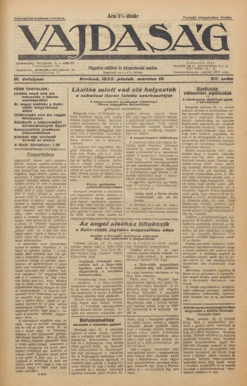 Vajdaság, 3. évf. 1923. március 16. 62. sz.