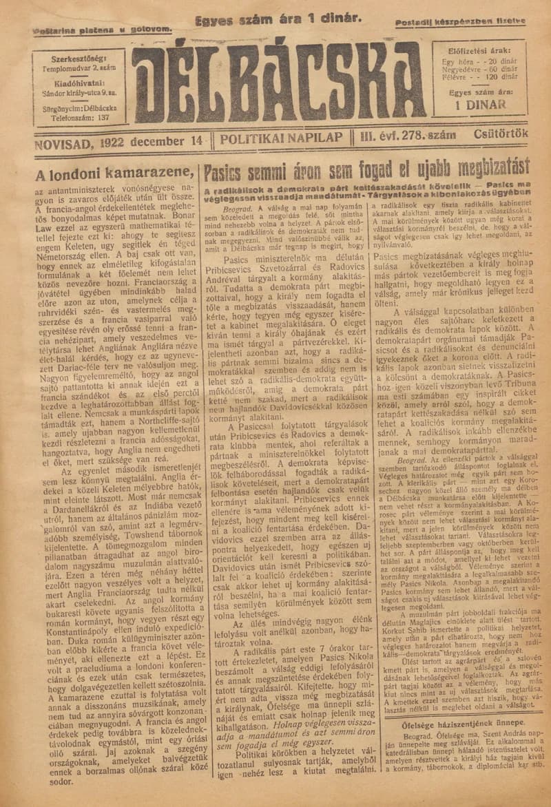 Délbácska, 3. évf. 1922. december 14. 278. sz.