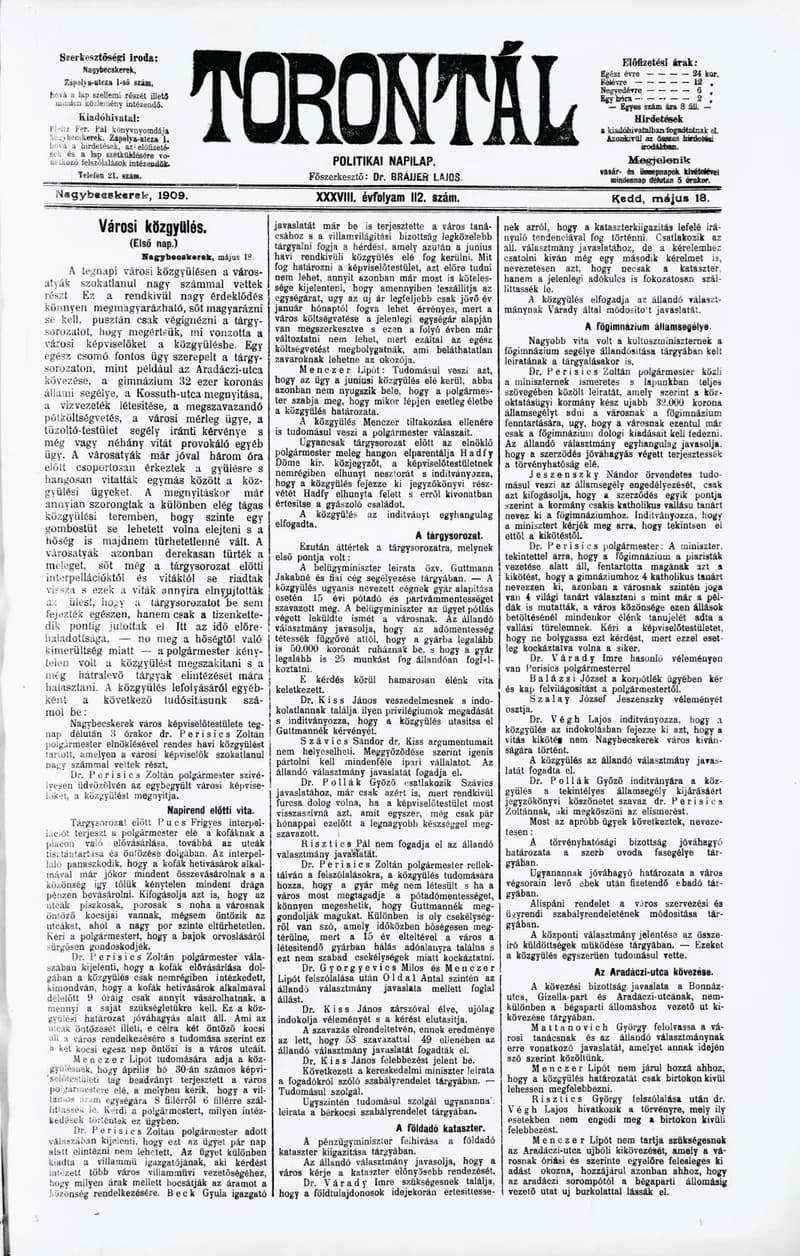 Torontál, 38. évf. 1909. május 18. 112. sz.
