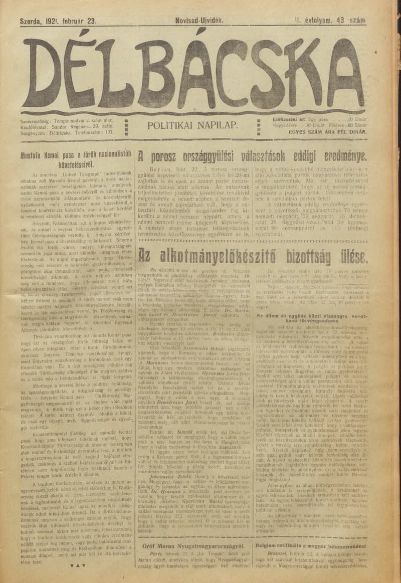 Délbácska, 2. évf. 1921. február 23. 43. sz.