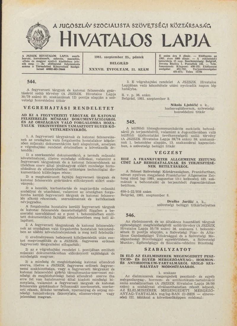 A Jugoszláv Szocialista Szövetségi Köztársaság Hivatalos Lapja, 37. évf. 1981. szeptember 25. 51. sz. 1289–1304. oldal