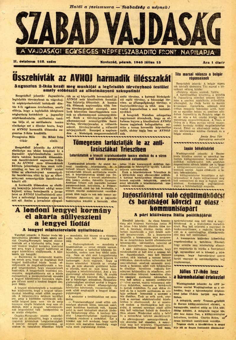 Szabad Vajdaság, 2. évf. 1945. július 13. 158. sz.