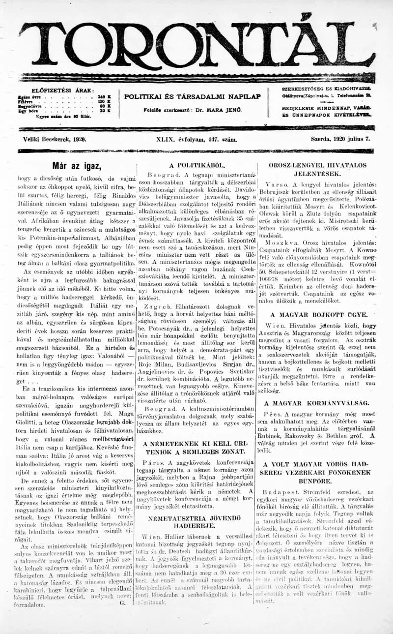 Torontál, 49. évf. 1920. július 7. 147. sz.