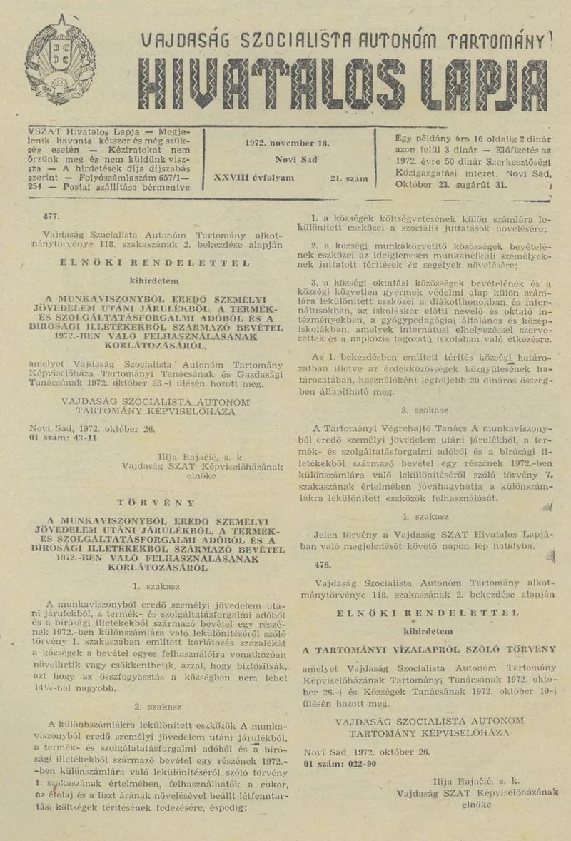 Vajdaság Szocialista Autonóm Tartomány Hivatalos Lapja, 28. évf. 1972. november 18. 21. sz. 705–716. oldal